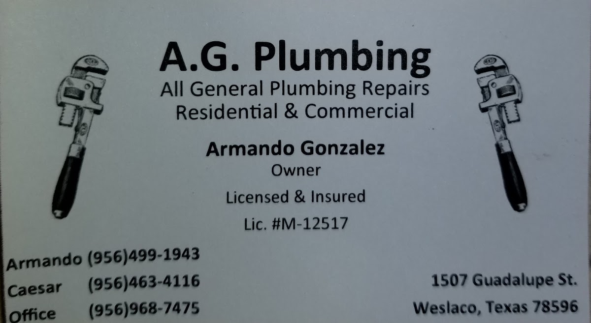 A.G. Plumbing business card showing Armando Gonzalez, Licensed and Insured, Lic. M-12517
